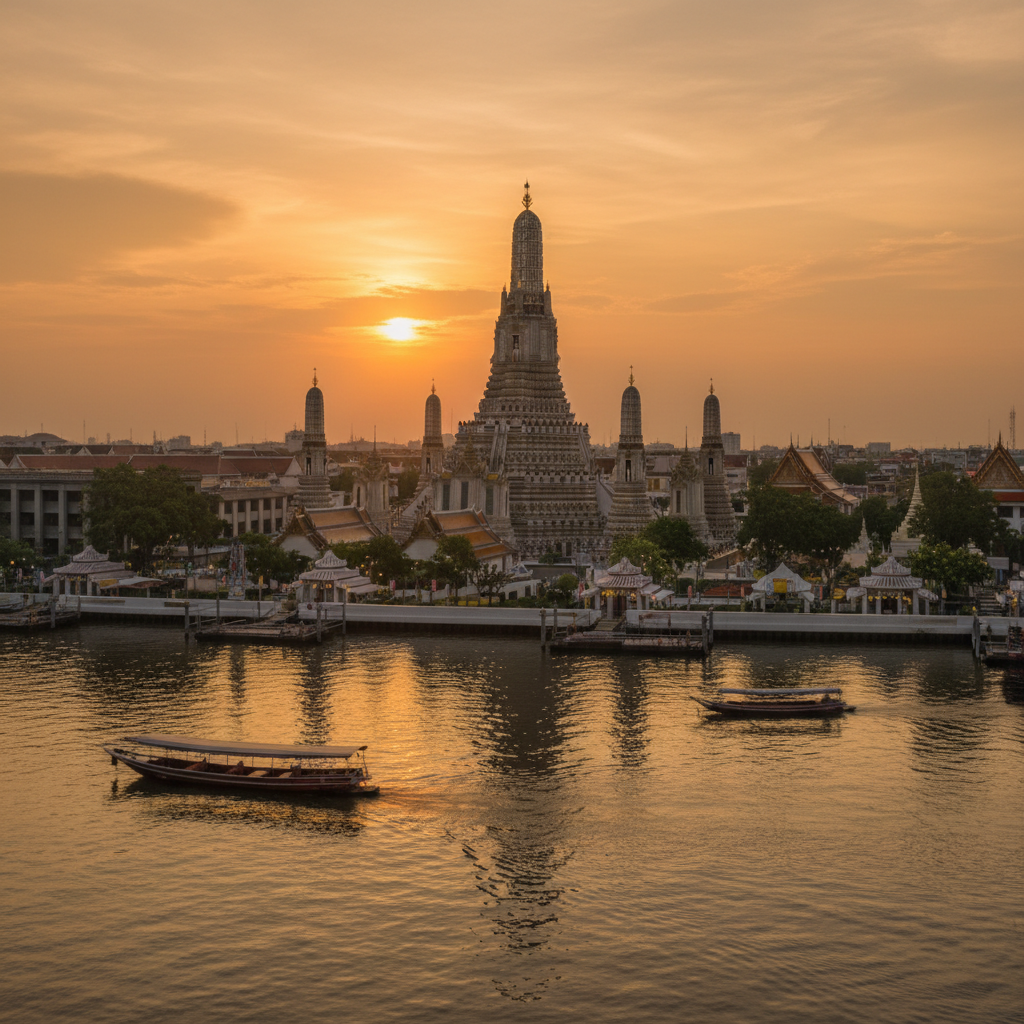 Bangkok temple spires and modern towers at warm sunset. Thailand, Build-to-Visa SMART/LTR Visa pathway.