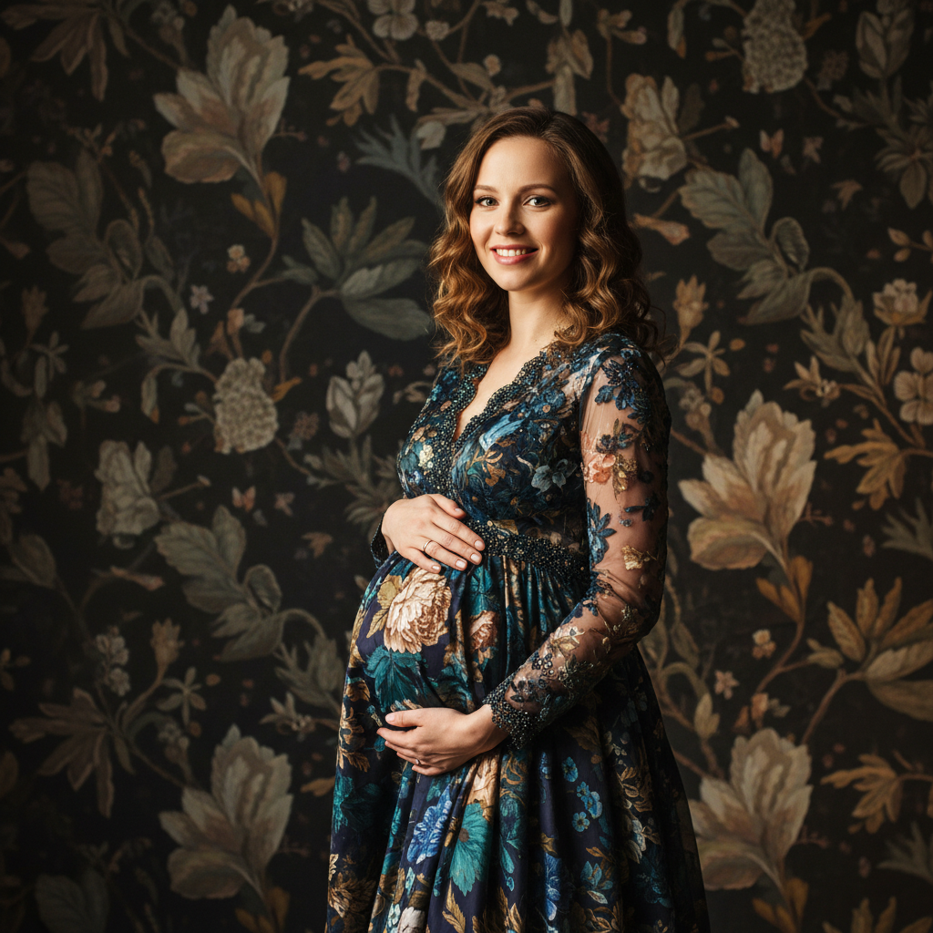 Expecting mother in soft warm light, dark velvet backdrop, delicate shadow, intimate studio portrait