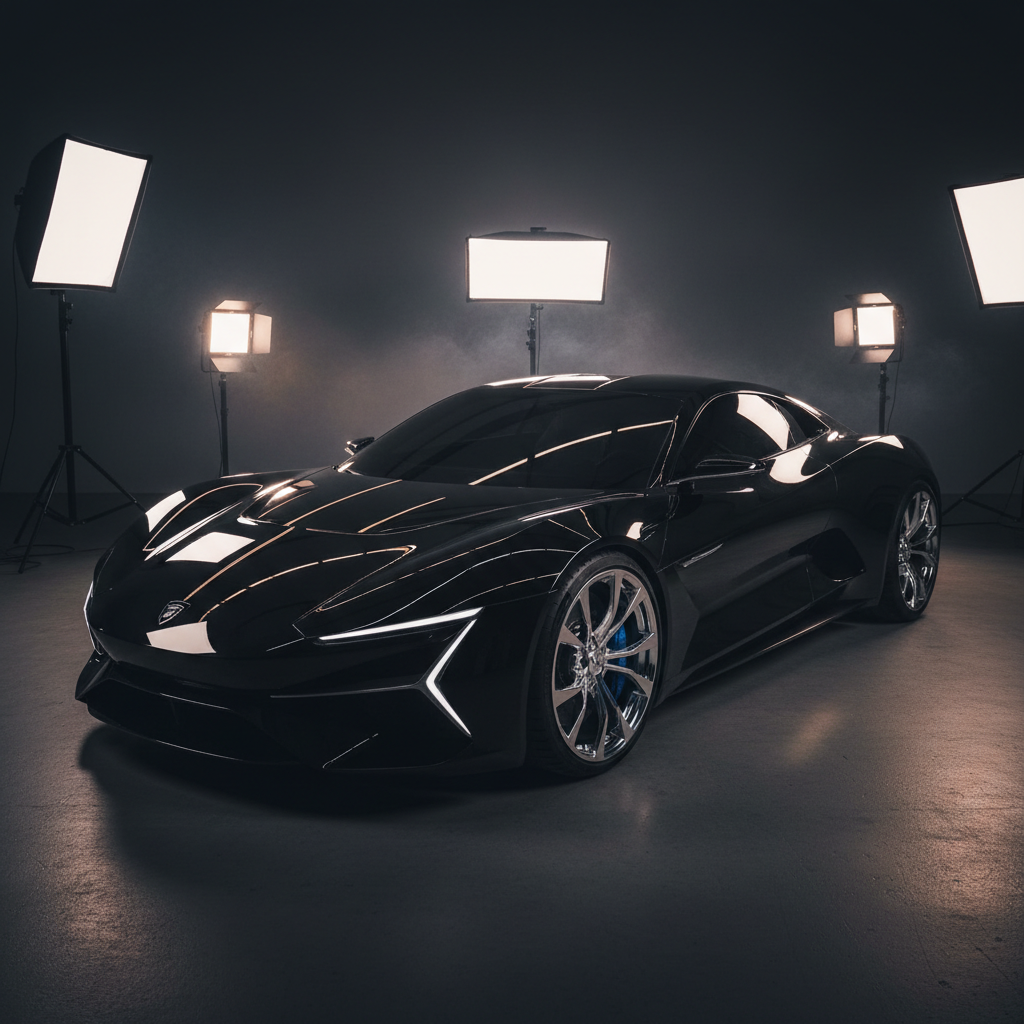 Close-up of paint protection film being applied to a dark luxury vehicle, clean studio environment, bright lighting