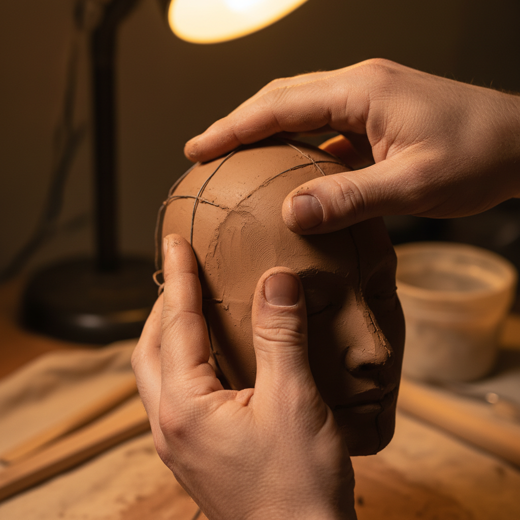 Sculptor pressing clay onto armature with thumbs visible in warm studio light