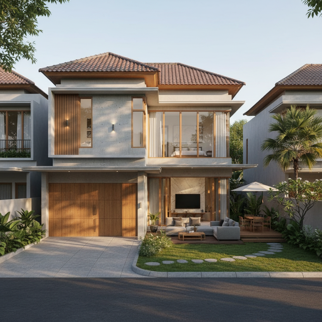 Modern two-story home with attached garage and manicured lawn