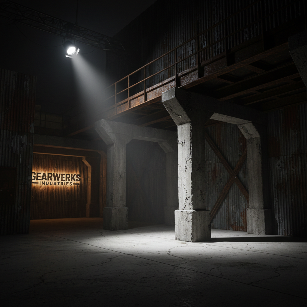Industrial commercial set with weathered steel structures, exposed concrete, and dramatic single-source hard light