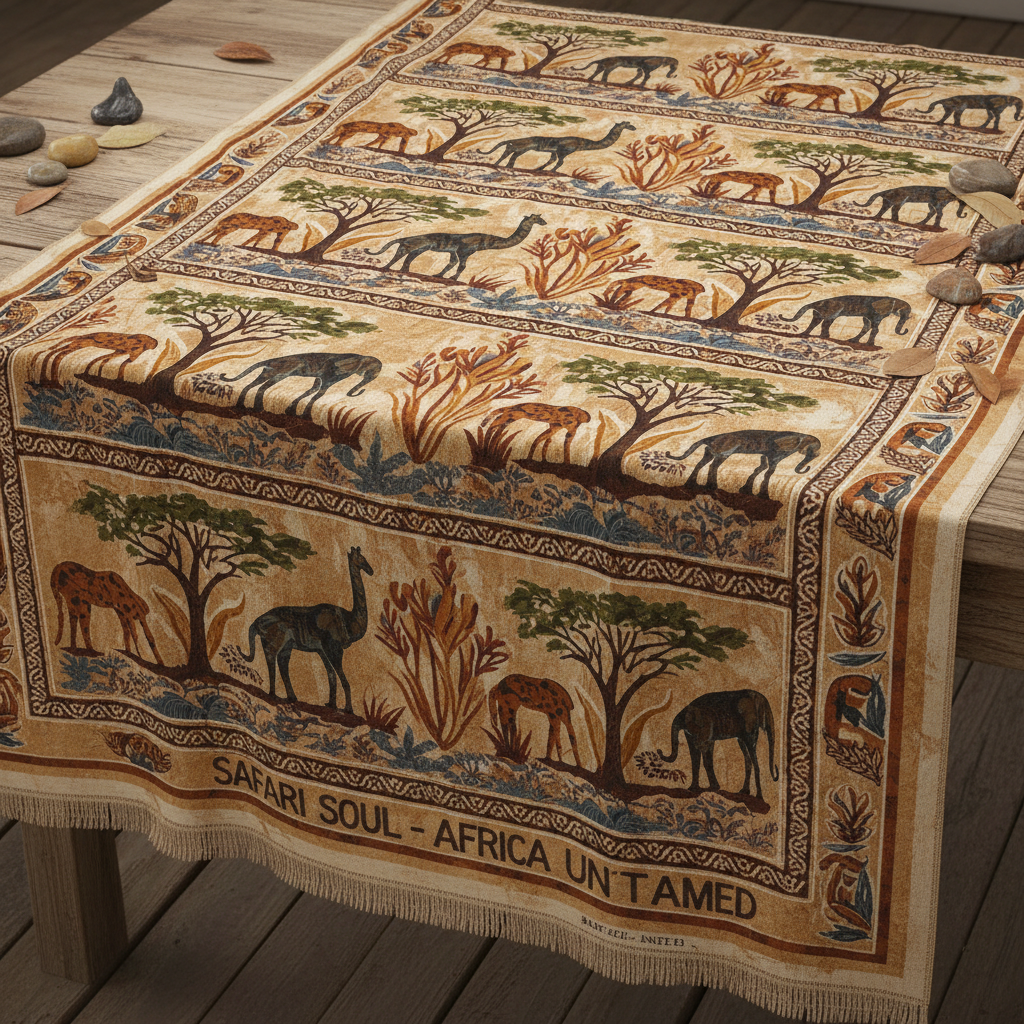 Kenyan batik-inspired abaya with earthy tones and East African print motifs