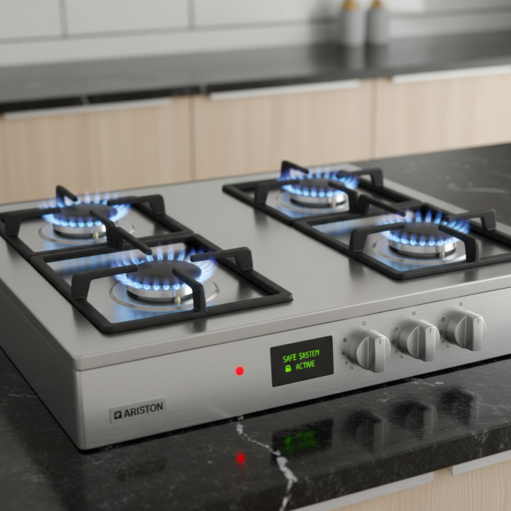 Stainless steel gas hob burners on dark kitchen counter, bright blue flames, professional kitchen environment