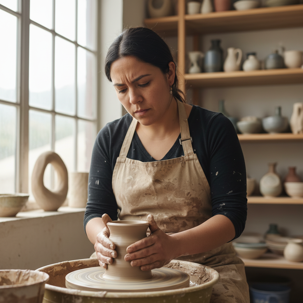 Elena Vasquez, master ceramicist with clay-stained hands in studio