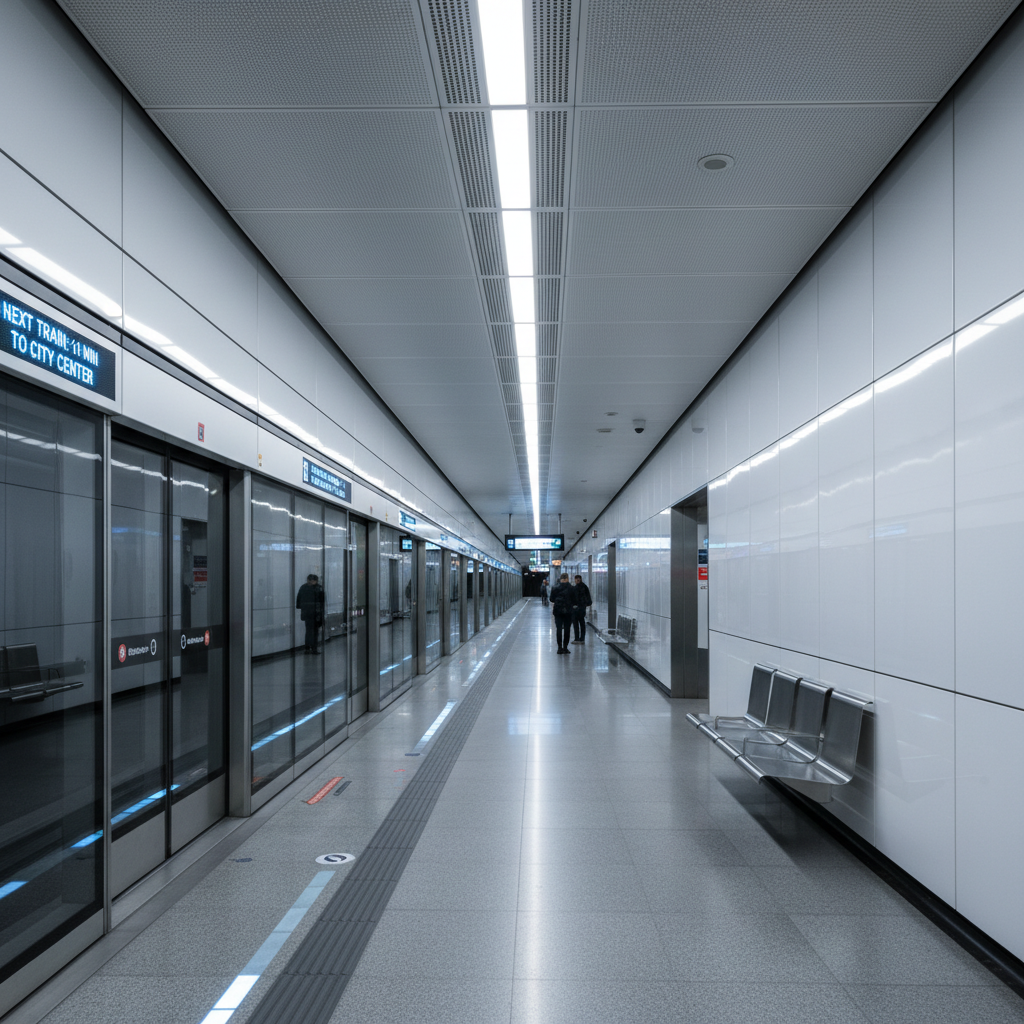 Modern subway station platform with platform screen doors sealed shut and LED wayfinding panels showing real-time arrivals