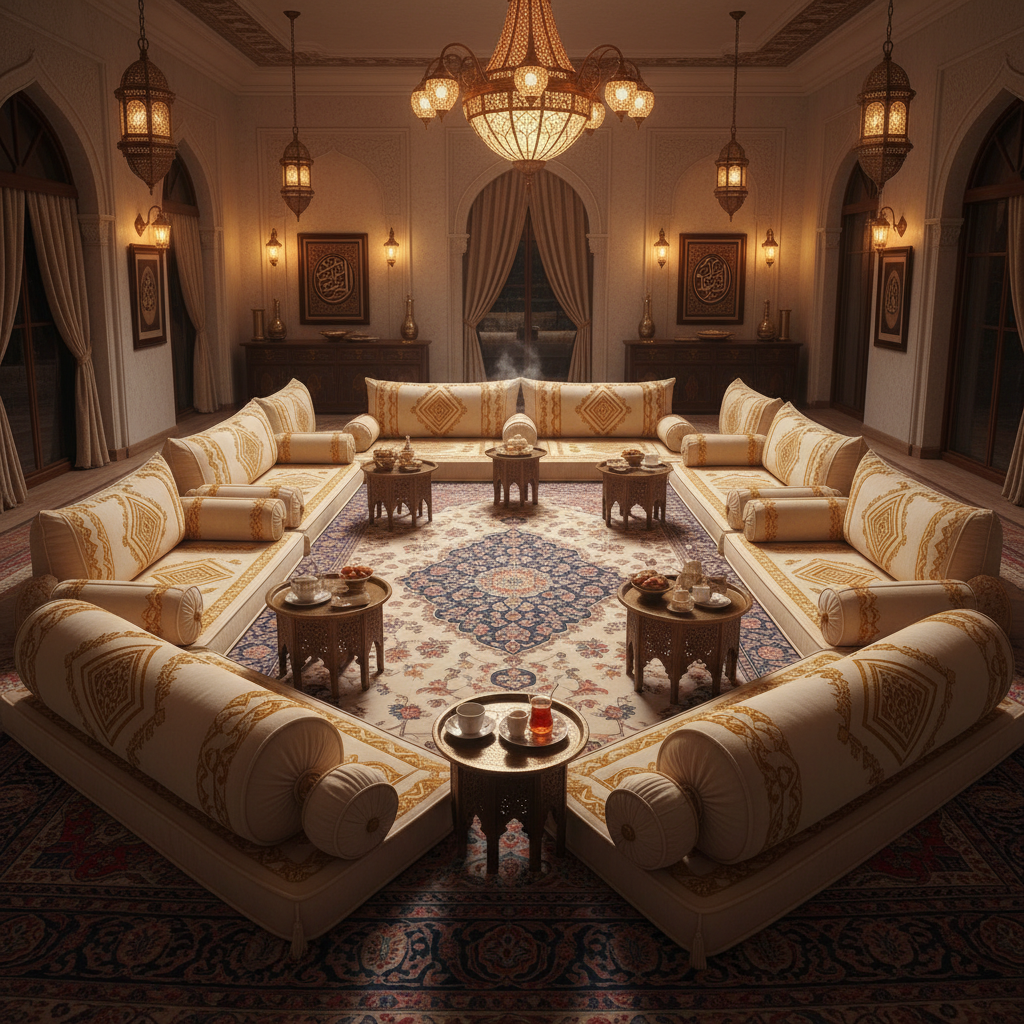 Majlis floor seating set with embroidered cushions in U-shape arrangement, warm amber lighting