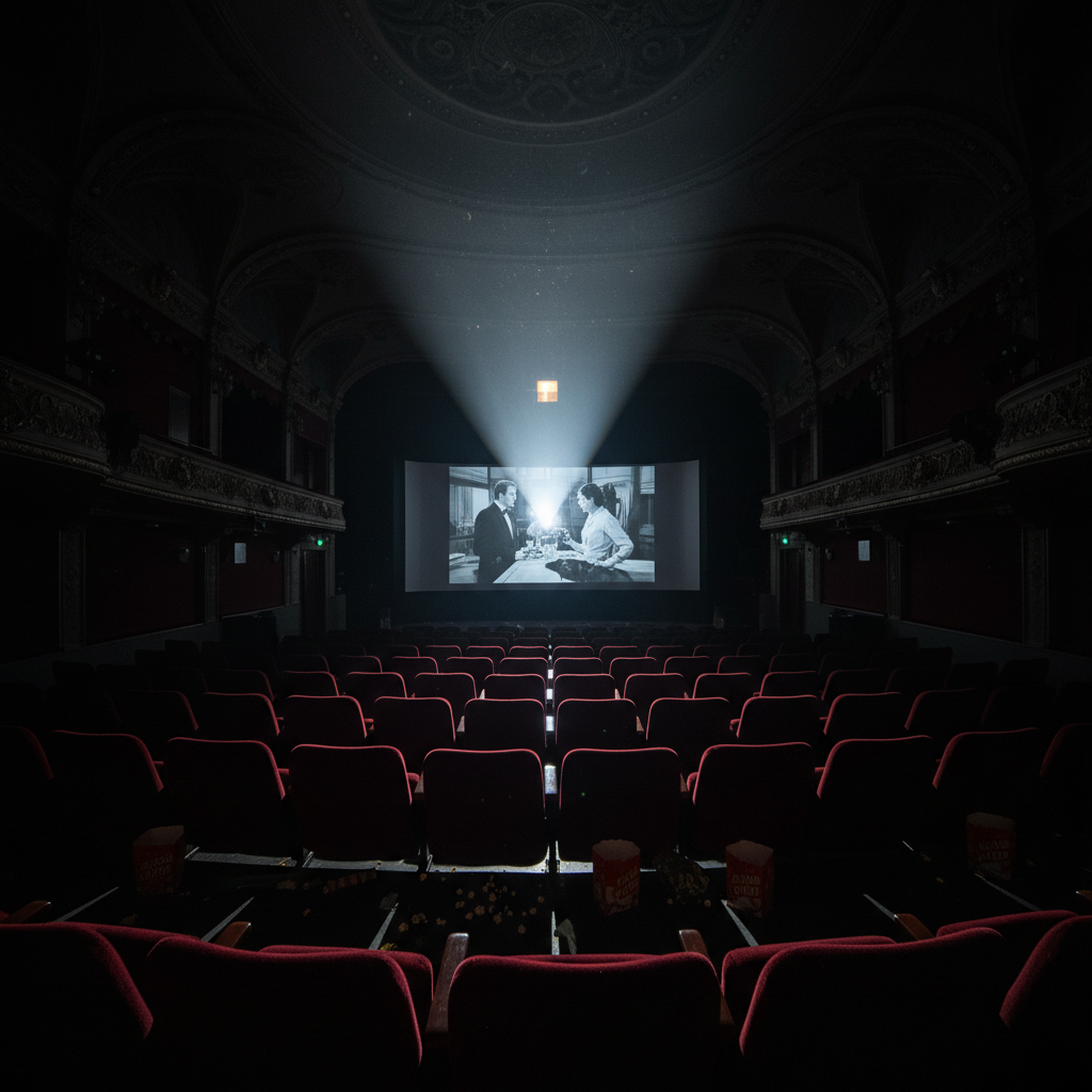Cinema projector beam cutting through darkness in a theater