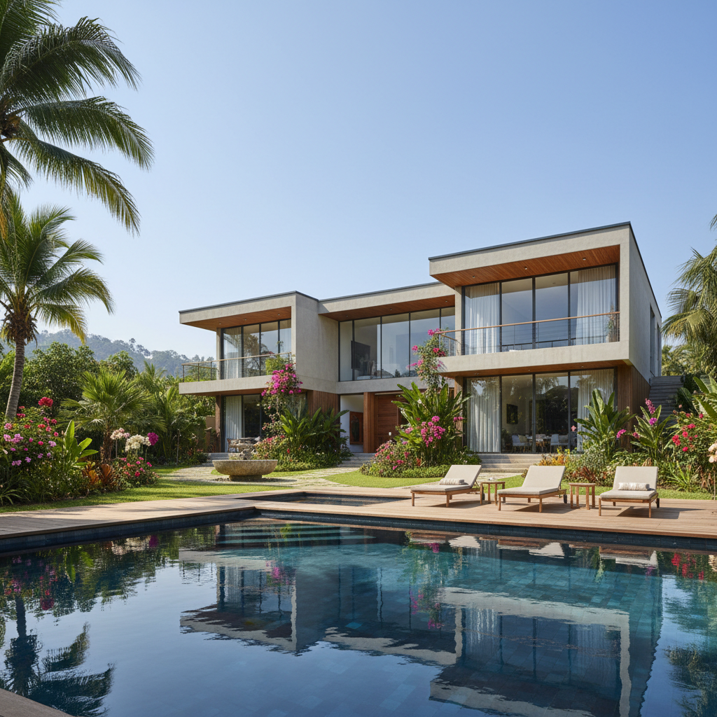 Grand three-bedroom estate with multiple pools, outdoor dining pavilion, lush tropical landscaping, ocean panorama