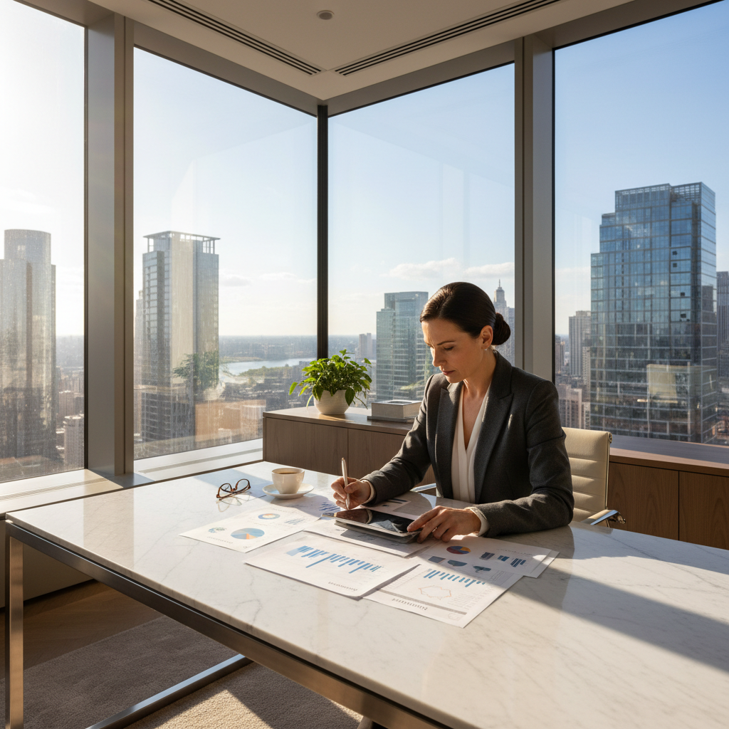 Business executive reviewing strategic planning documents at a bright modern desk with charts and reports