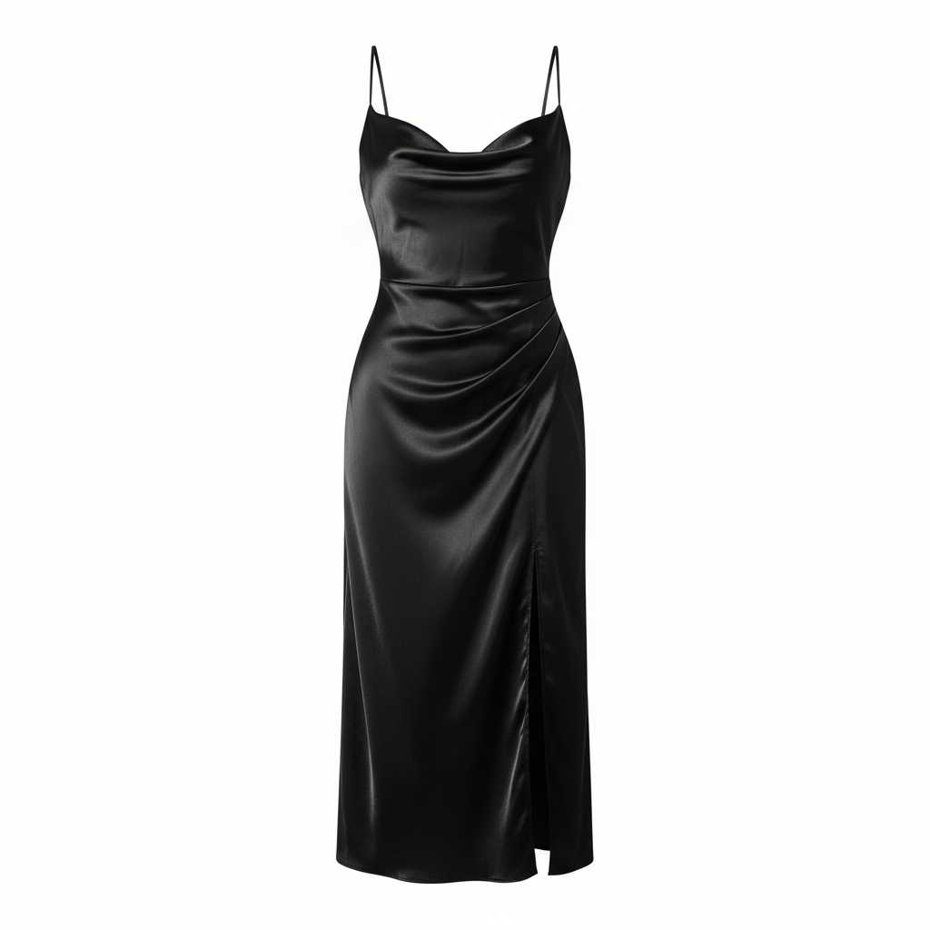 Vestido slip dress de cetim champagne com fenda lateral, look sofisticado e feminino