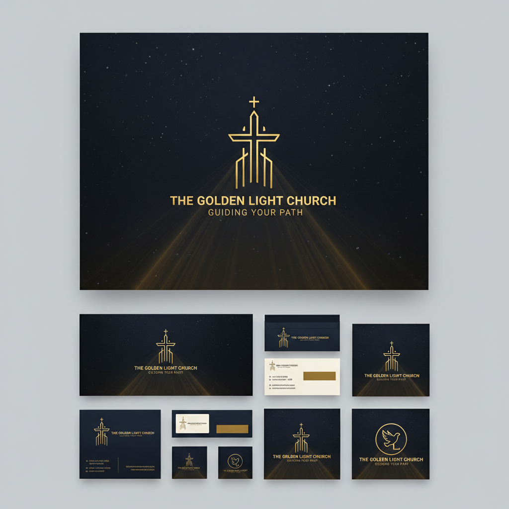 Modern church branding design with bold typography and gold accents on dark background, professional ministry identity system