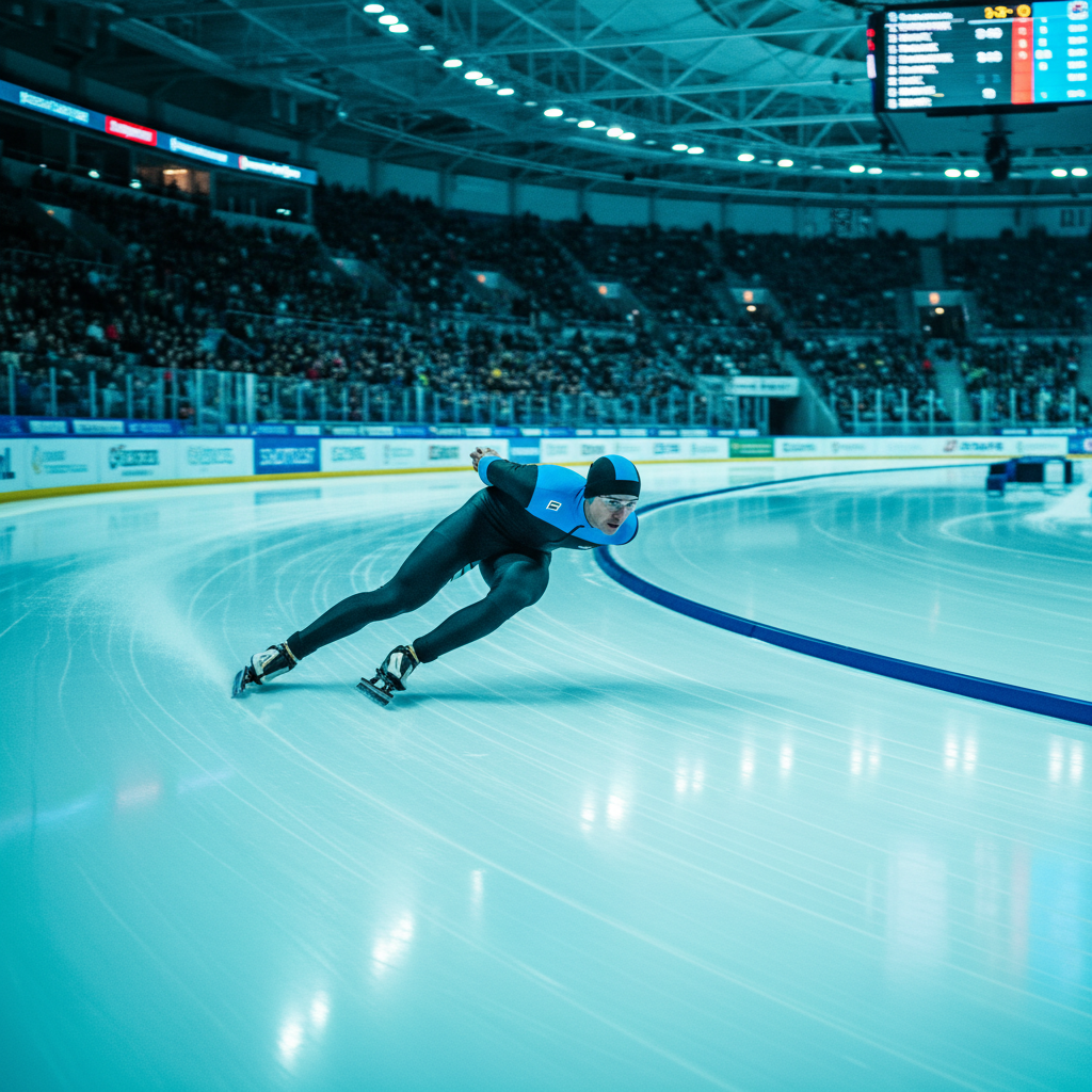 Speed skater in low crouch position on oval ice track, cyan arena lights reflecting off fresh ice