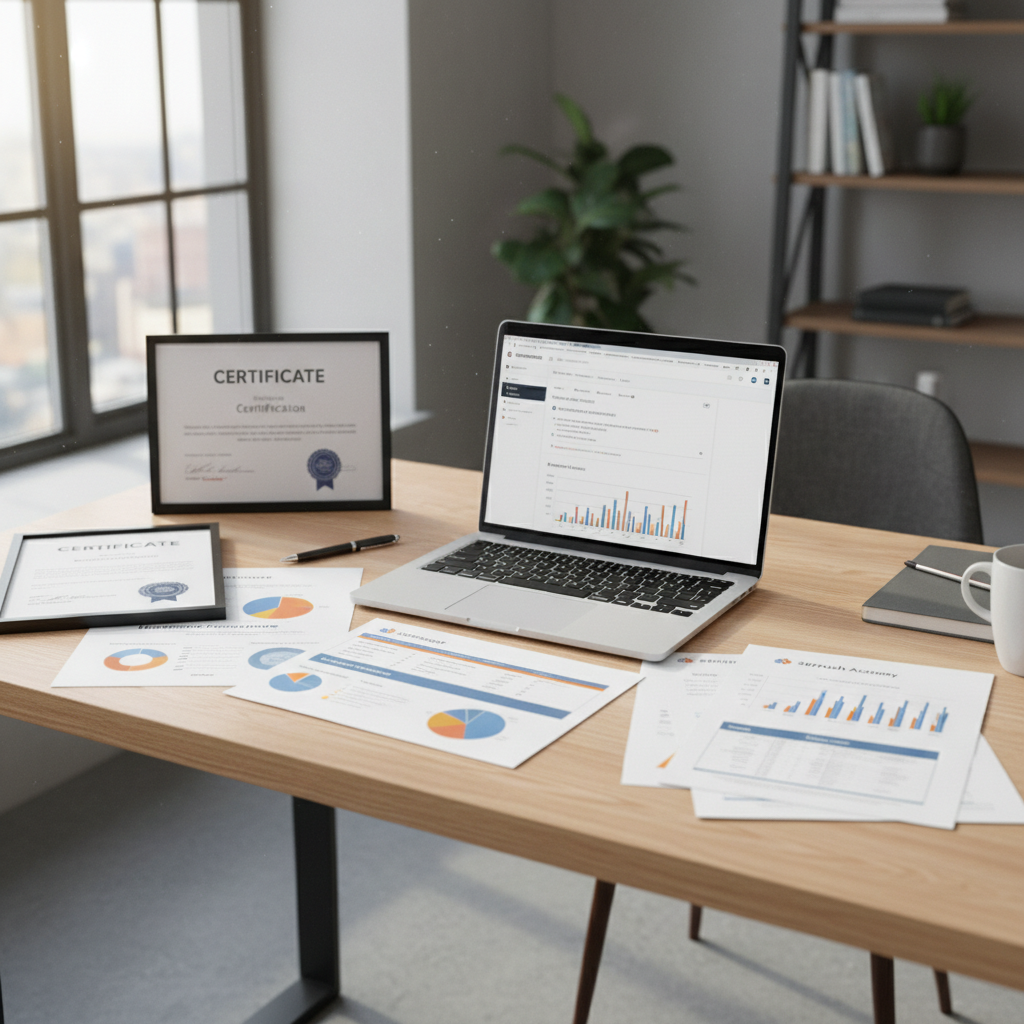 Digital marketing analytics on bright laptop screen, clean white desk, natural window light