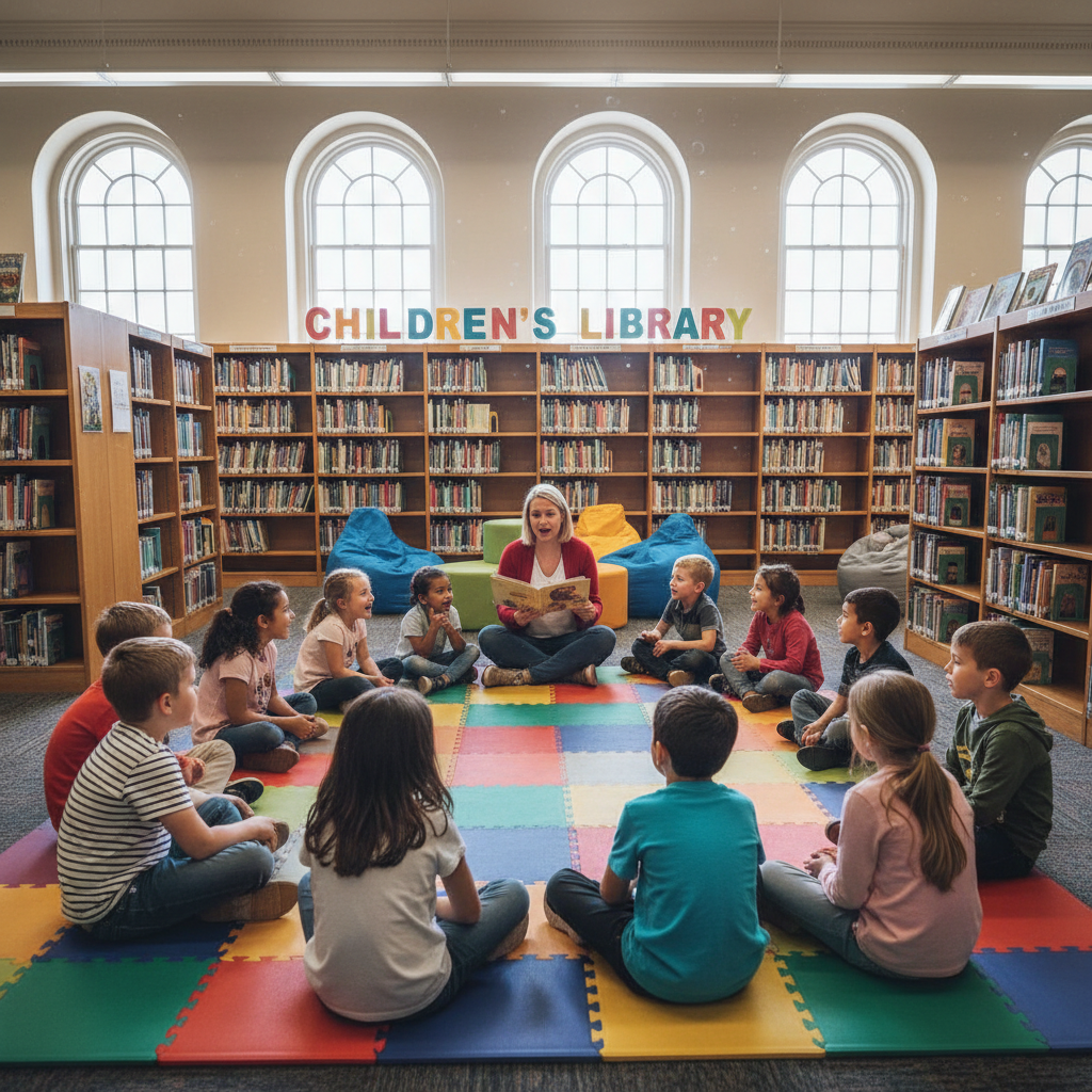 Children sitting in a circle on colorful mats during storytime at a library