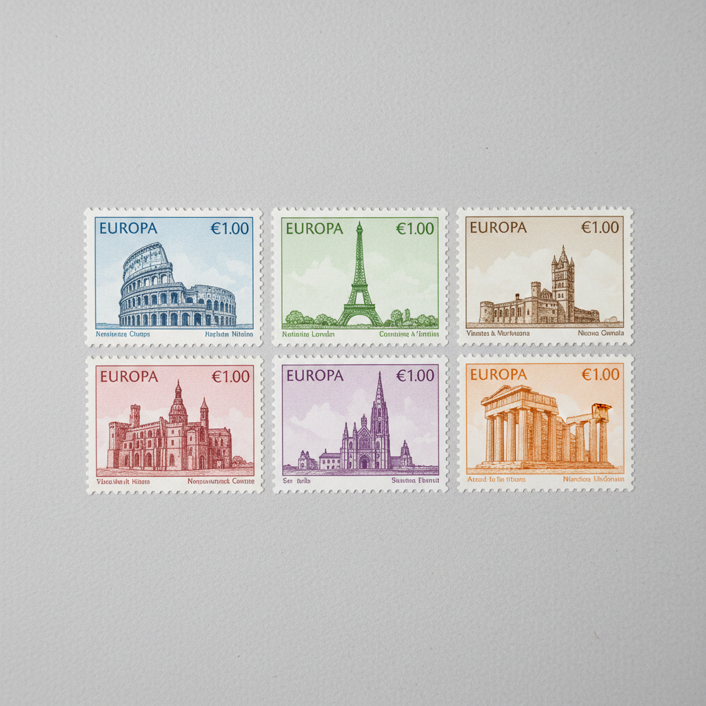 European definitive stamp series in mint condition showing historic architecture