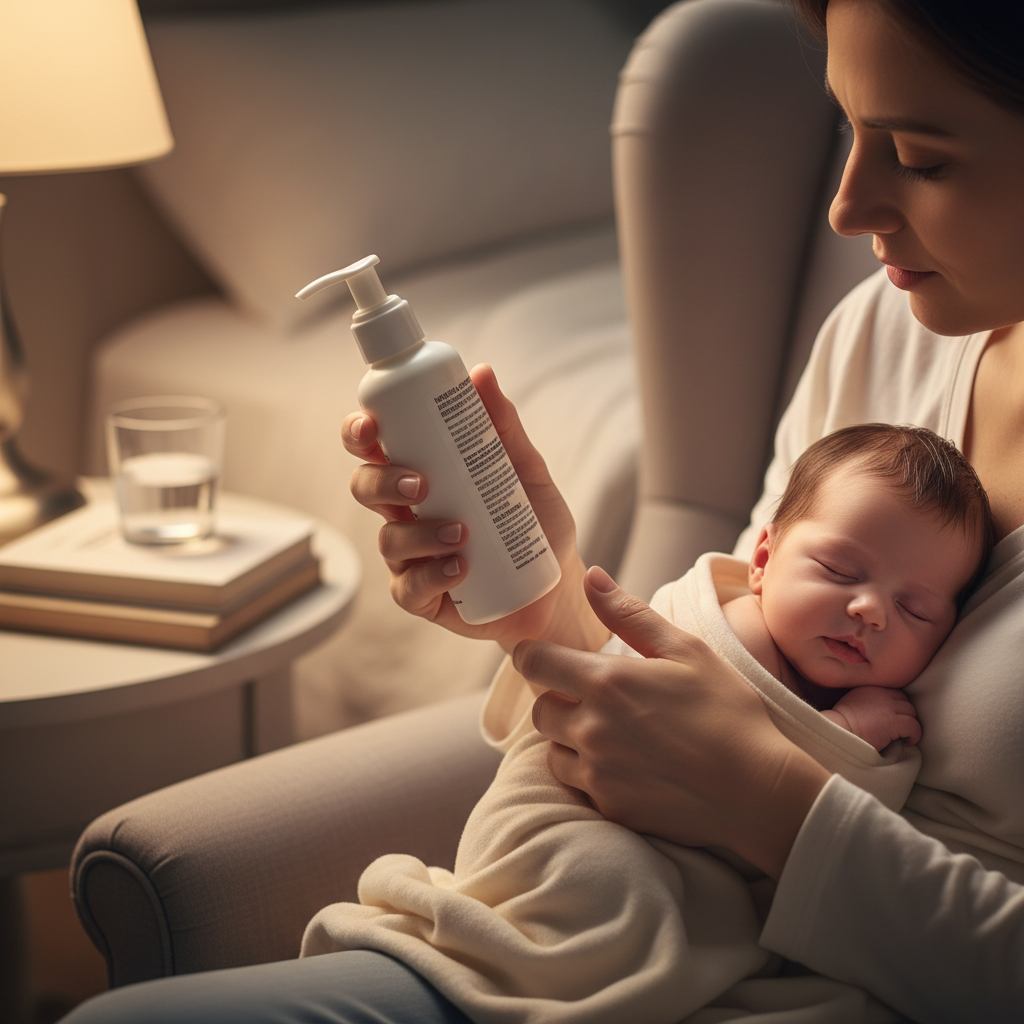 Parent reading ingredient label of baby lotion at 2am with baby on lap
