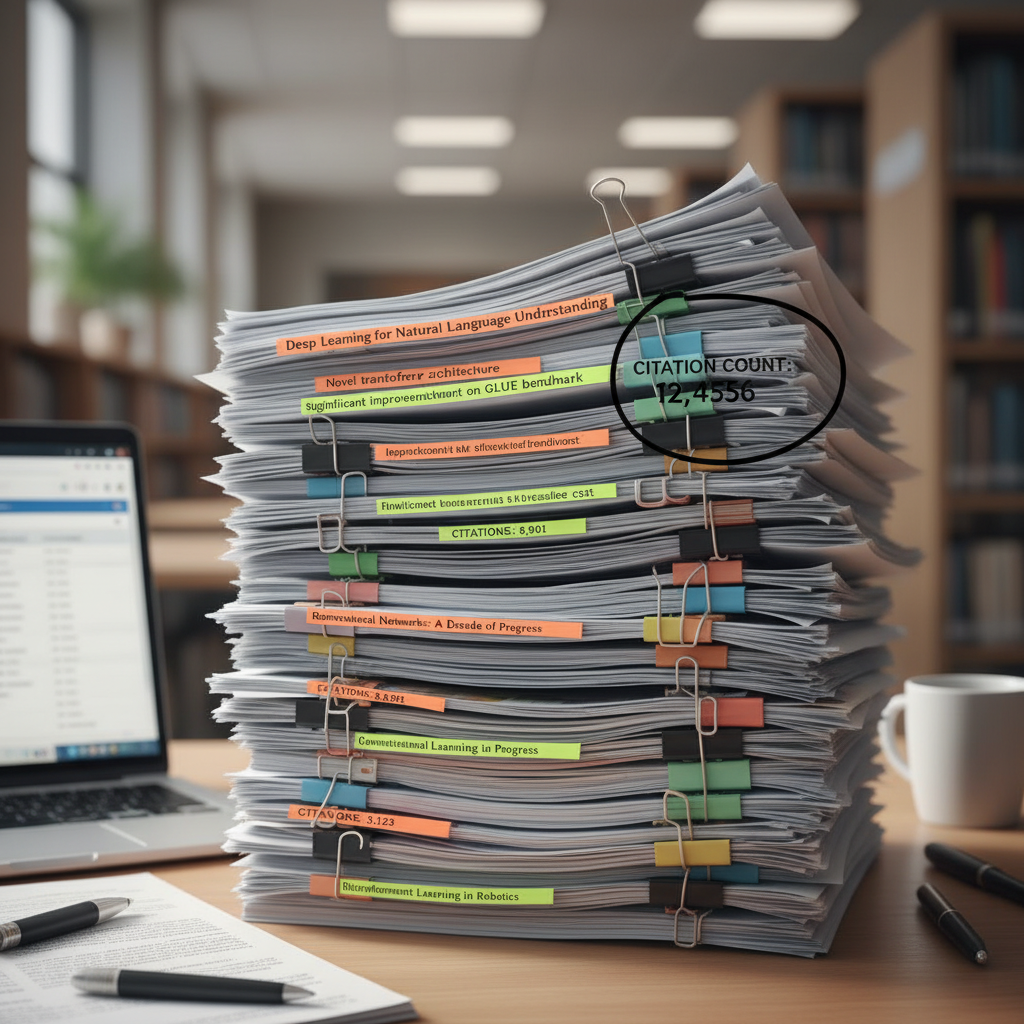 Stack of AI research papers with highlighted key findings and citation counts