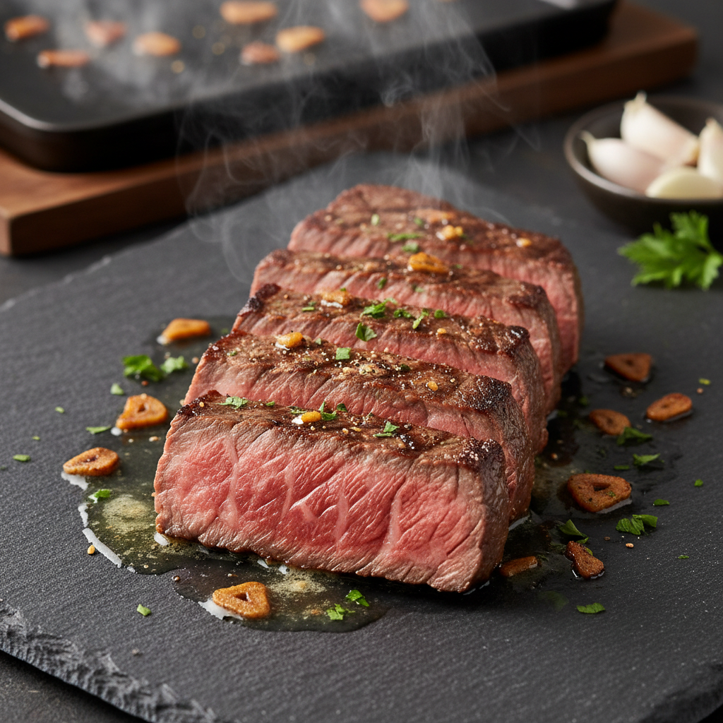 A5 wagyu beef slices searing on black teppanyaki plate with visible marbling and caramelized crust