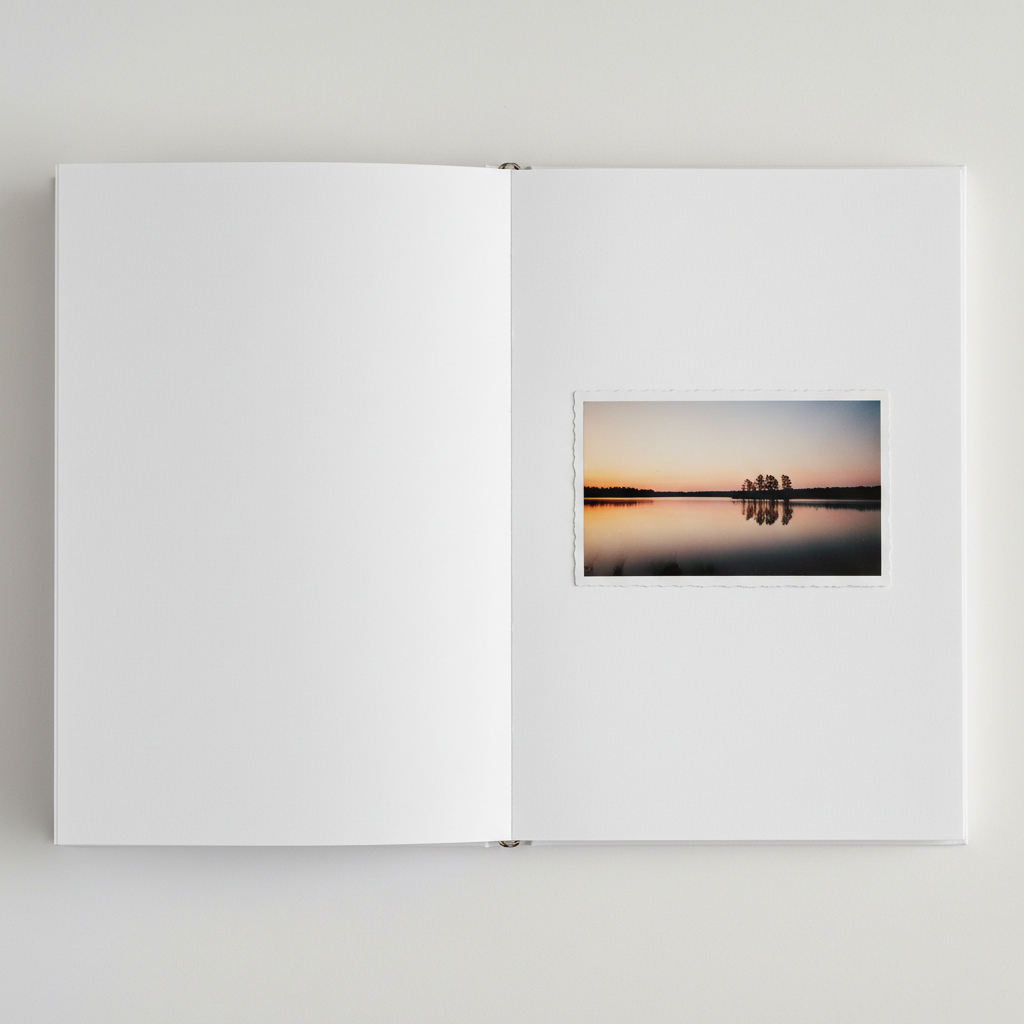 Clean minimal scrapbook spread with single photograph and white negative space