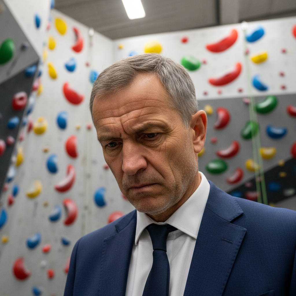 Marcus Webb, head judge, serious expression in climbing gym setting