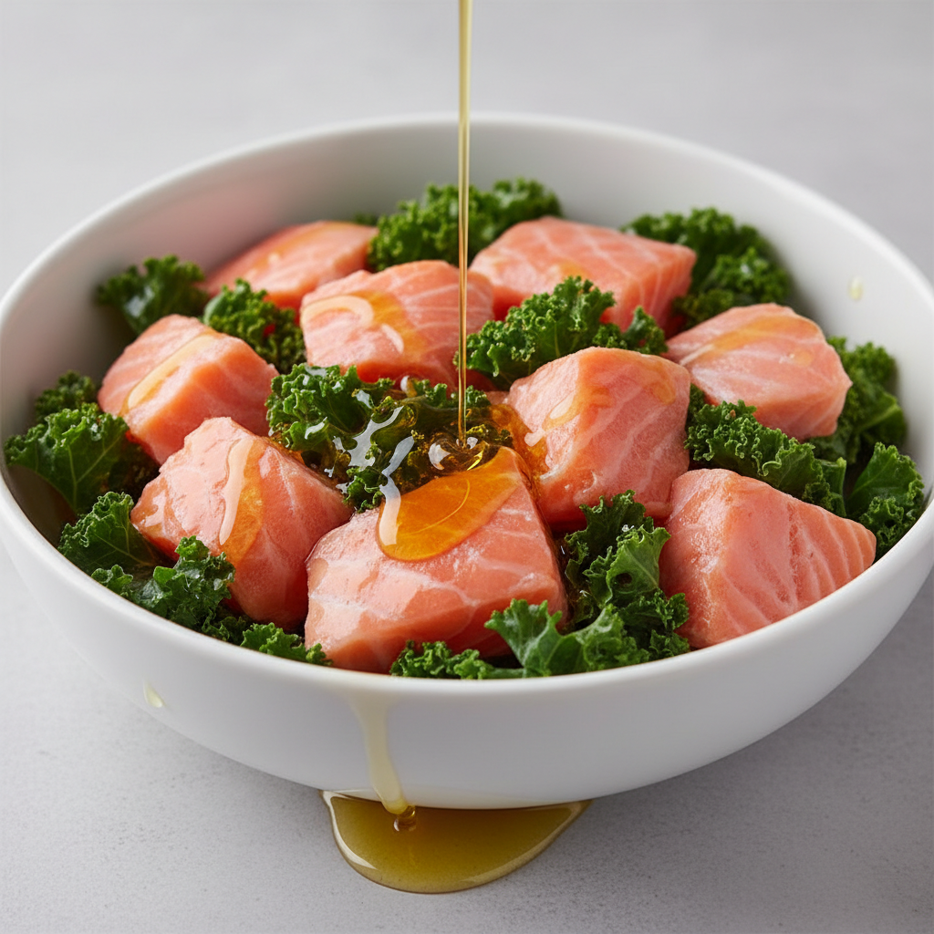 Bright pink wild salmon pieces with dark kale leaves and omega-rich fish oil drizzle in a white bowl