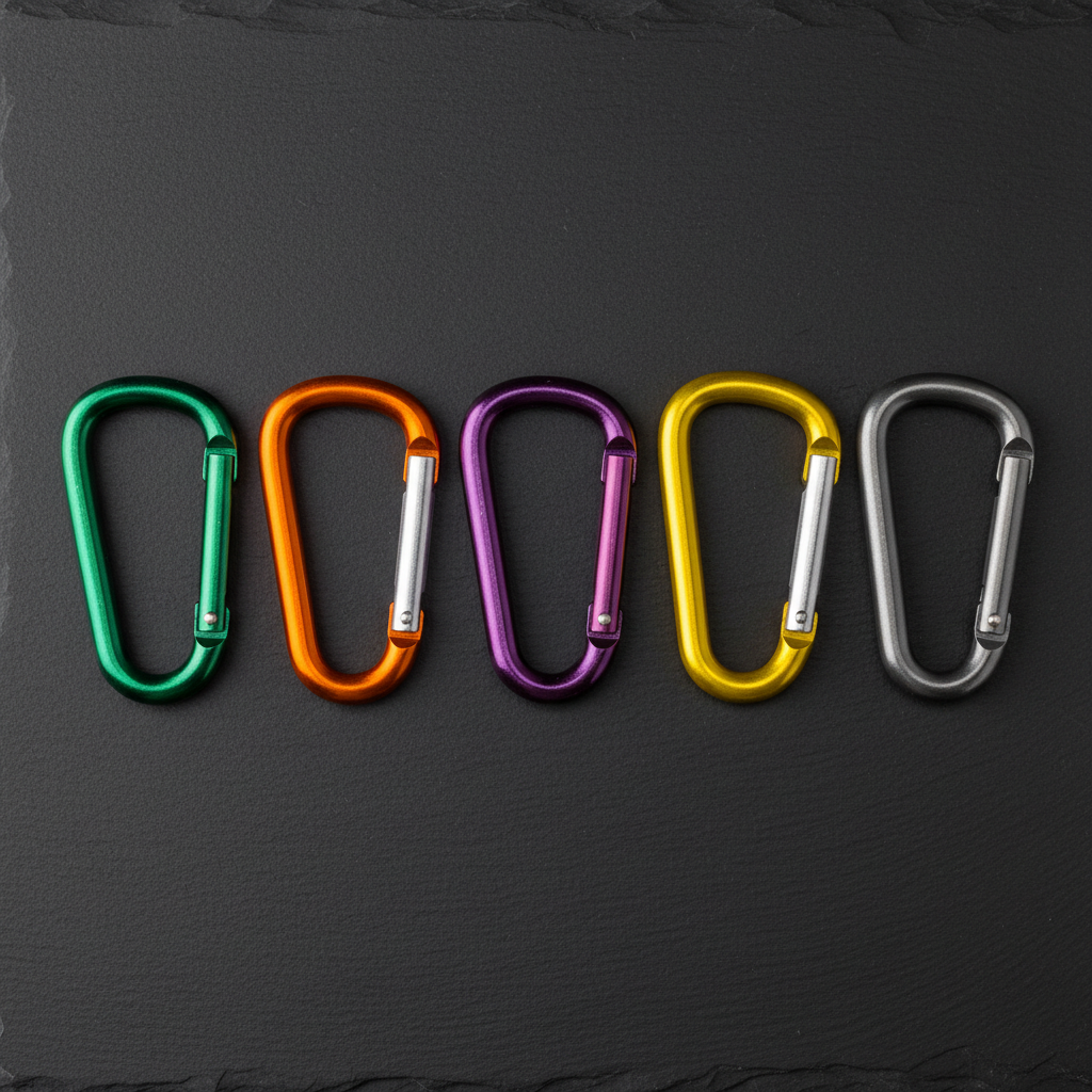 Row of climbing carabiners in different anodize colors arranged on a dark surface under studio lighting