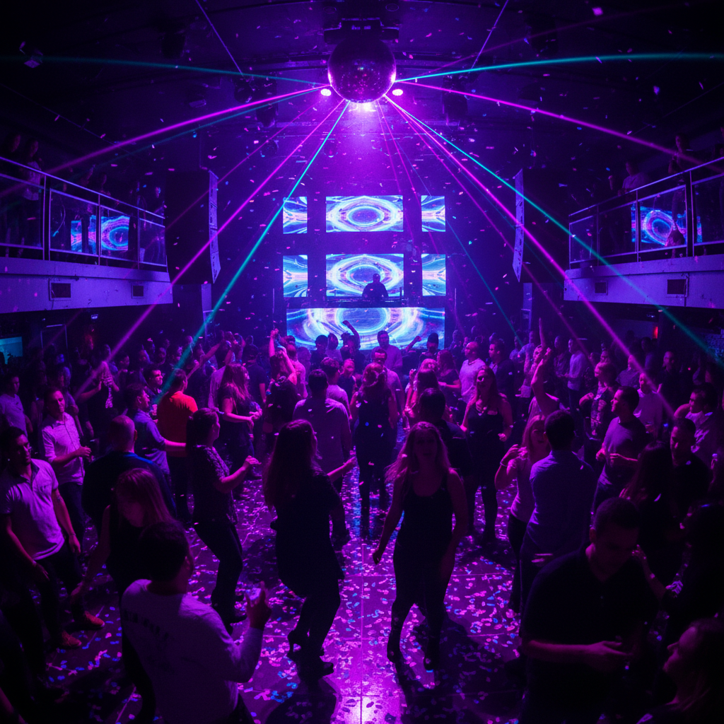 Nightclub dance floor packed with crowd, warm orange stage lights, dark atmospheric venue