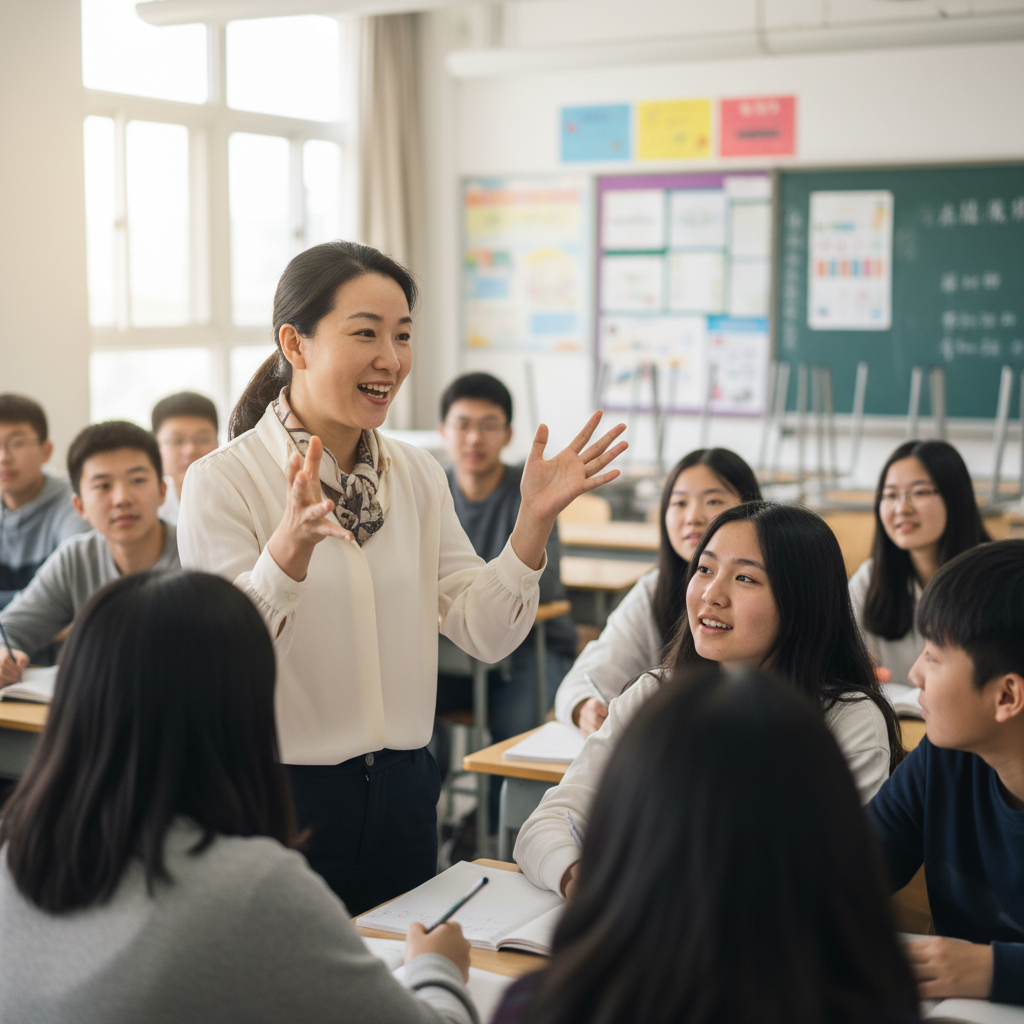 Chinese woman in her 30s speaking animatedly to a group of teenage students in a classroom