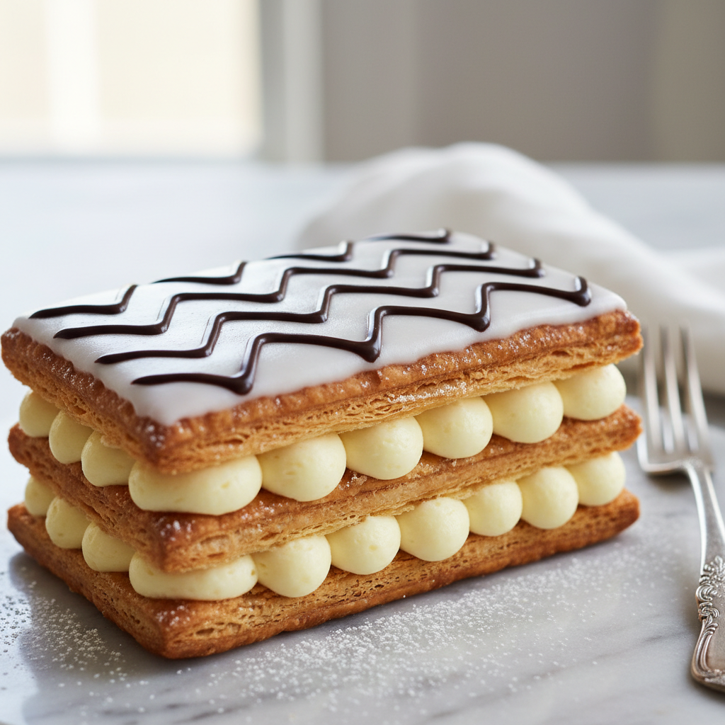 Classic mille-feuille napoleon pastry with white fondant icing and chocolate zigzag pattern on marble