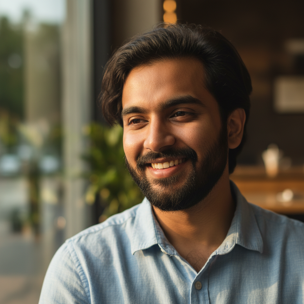 Cheerful male actor portrait — warm smile, energetic personality, bright warm lighting, classic 90s Bollywood charm