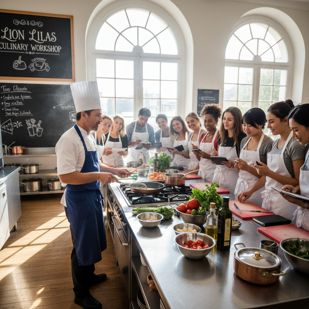 Chef teaching live cooking class in a warm professional kitchen, flames and pans, close-up hands preparing food