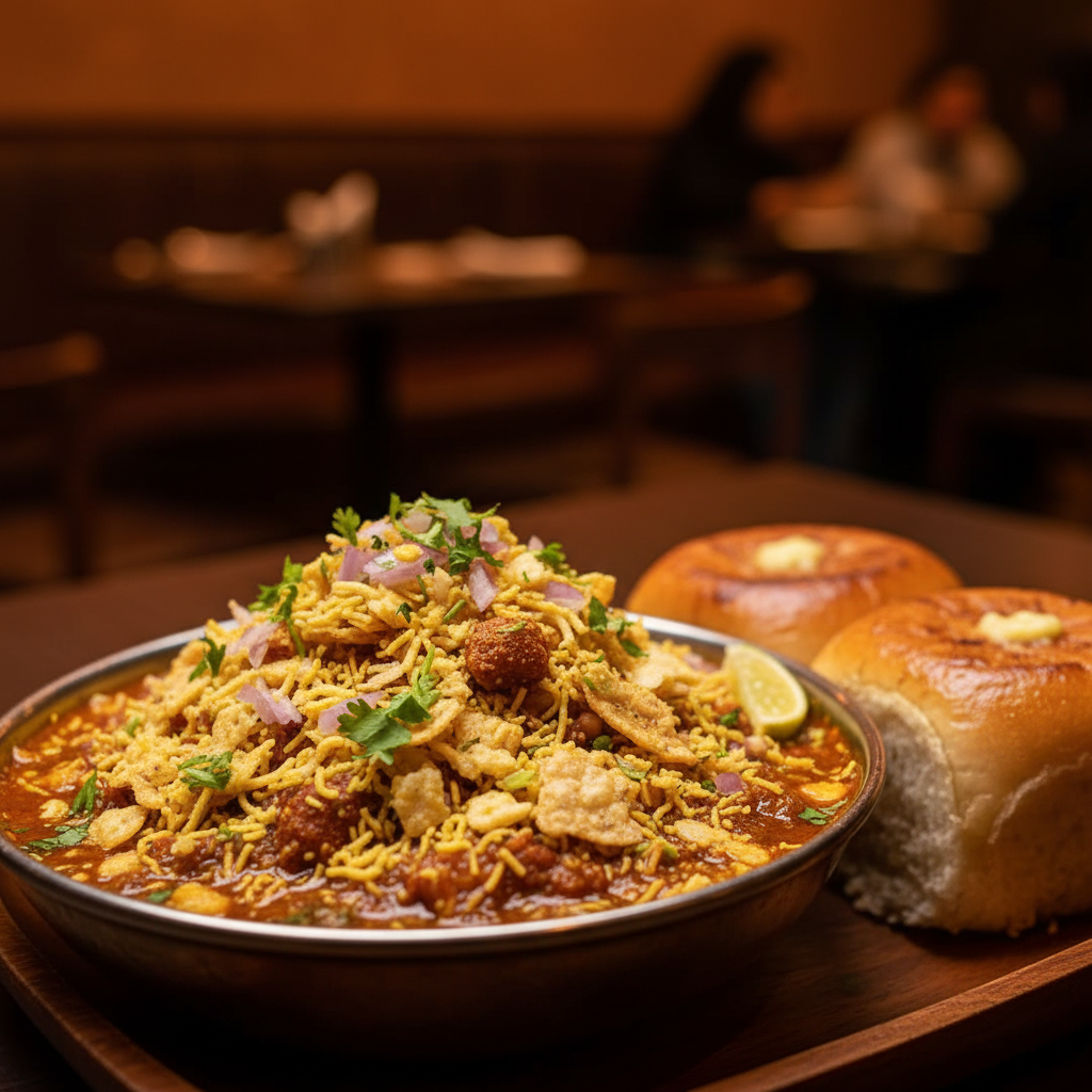 Misal Pav with vibrant red sprouted curry in a bowl, dark moody restaurant background