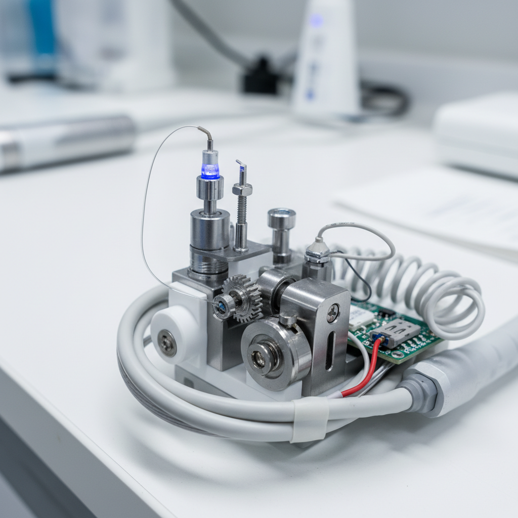 Blue dental laser beam in dark clinical setting, precision medical instrument, dramatic spotlight on equipment