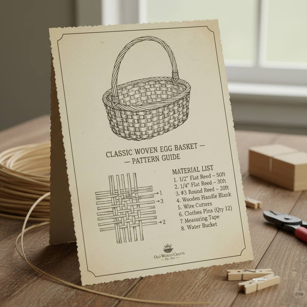 Printed pattern card for classic egg basket with diagram and material list