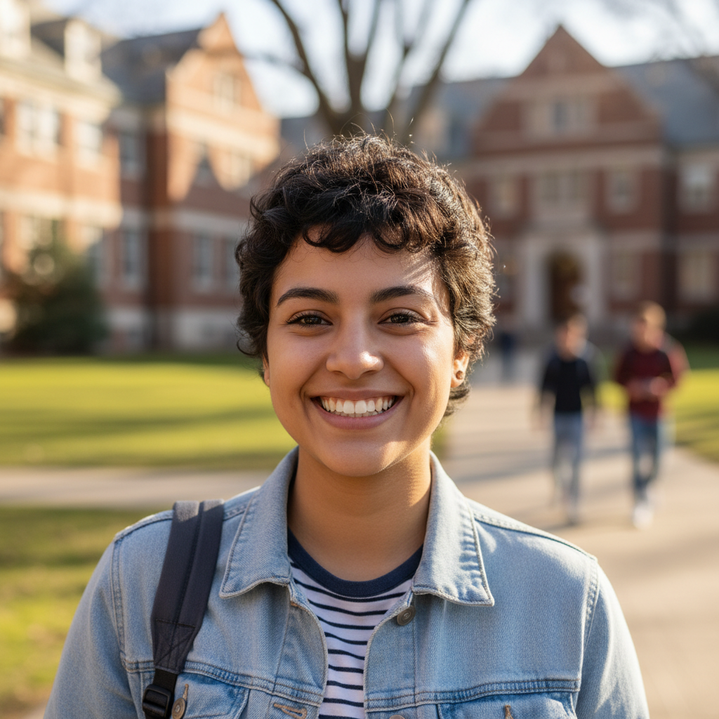 Young Hispanic female student in lab coat smiling while holding beaker