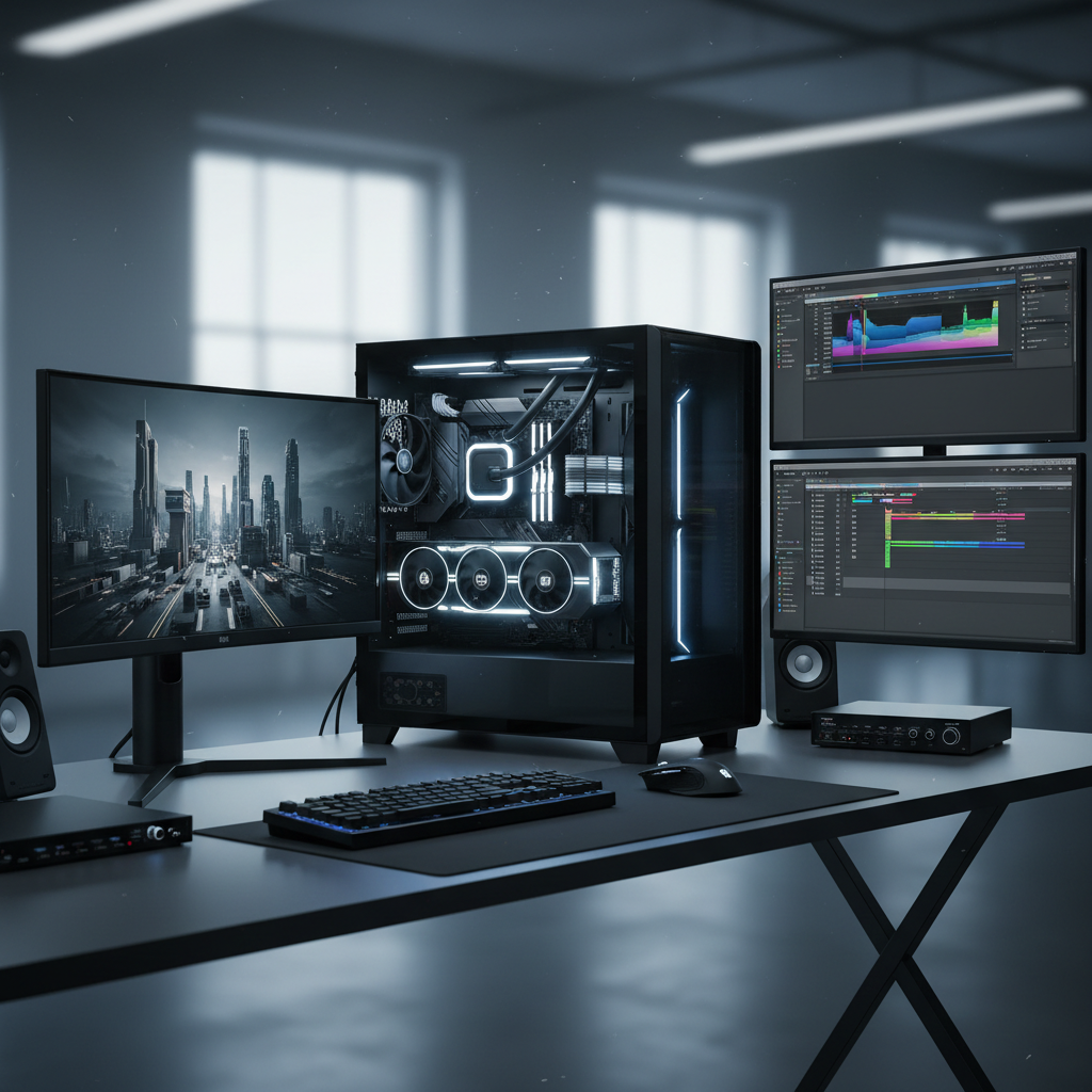 Professional desktop computer tower with dual monitors in modern office environment