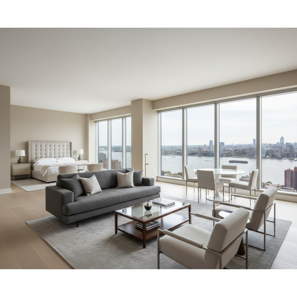 Two bedroom furnished apartment with panoramic Hudson River views and designer furniture