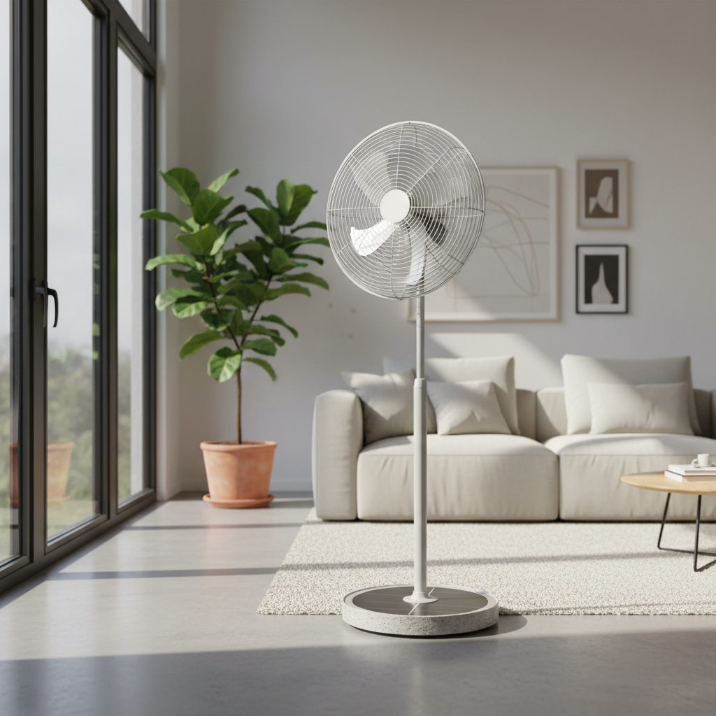 Bright modern UK living room with large windows, light walls and a fan on a warm summer day
