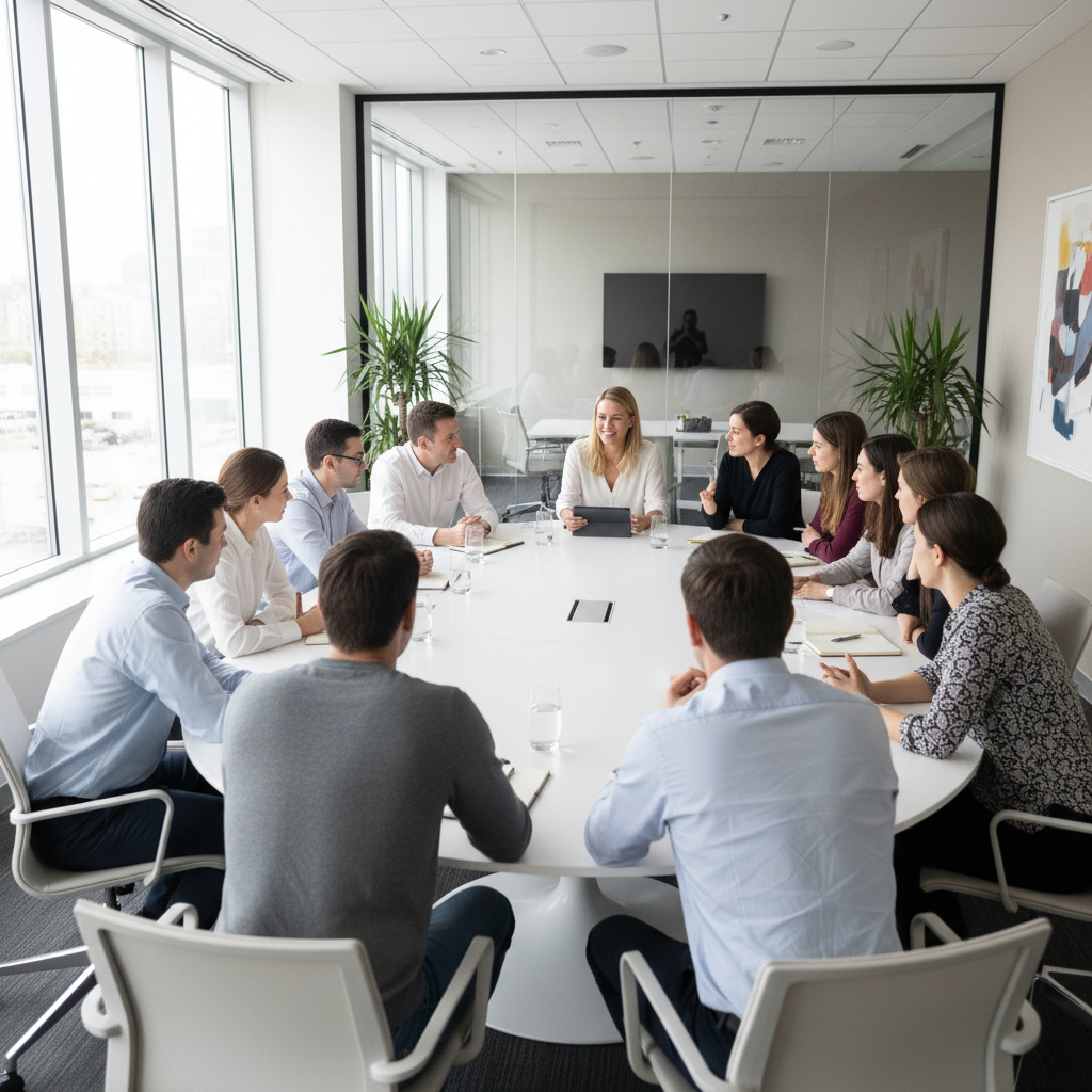 Professional business conference with diverse group of executives discussing industry standards