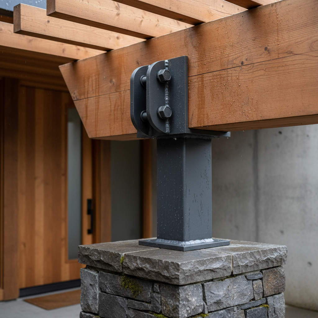 Close-up detail of timber entry canopy connection showing hand-hewn beam meeting steel column