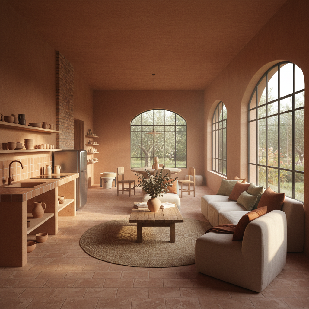 Compact apartment living area transformed with smart furniture placement, warm terracotta accents and cozy textiles