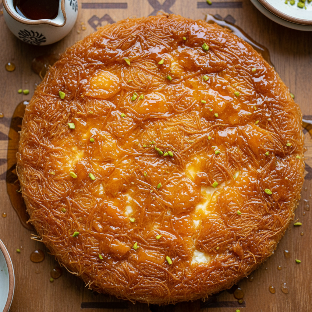 Kunafa glistening with orange blossom syrup served in a wide copper pan