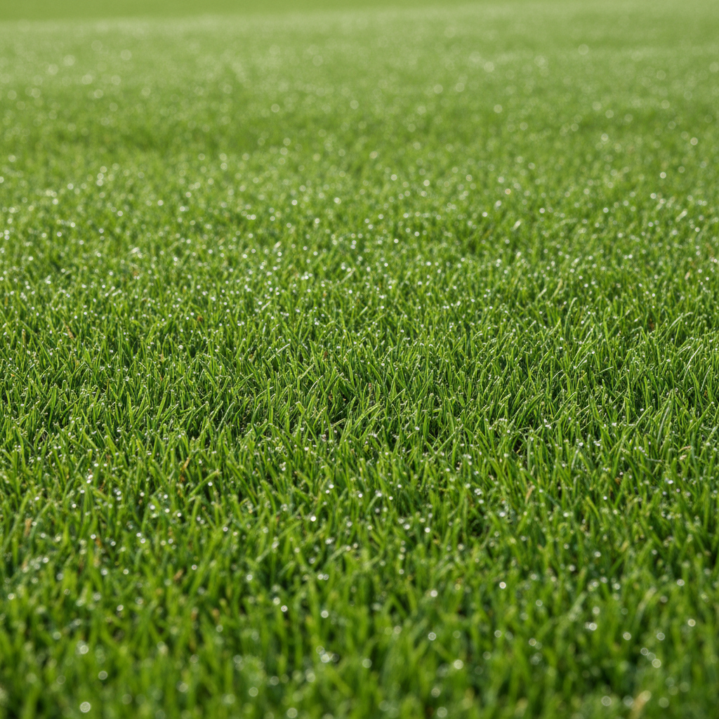 Close-up of perfectly manicured zoysia grass blades, tournament-standard cut at 8mm height
