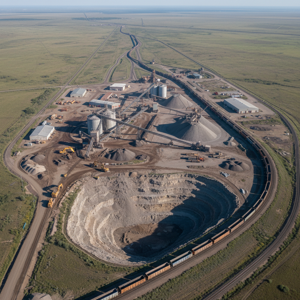 Wide aerial view of industrial mining infrastructure on flat prairie landscape with rail lines threading toward horizon