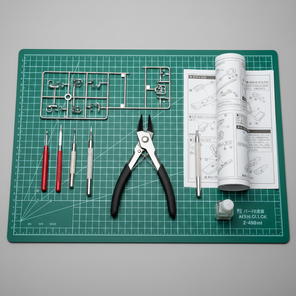 Cutting mat with model tools, sprue cutters, and assembly instructions