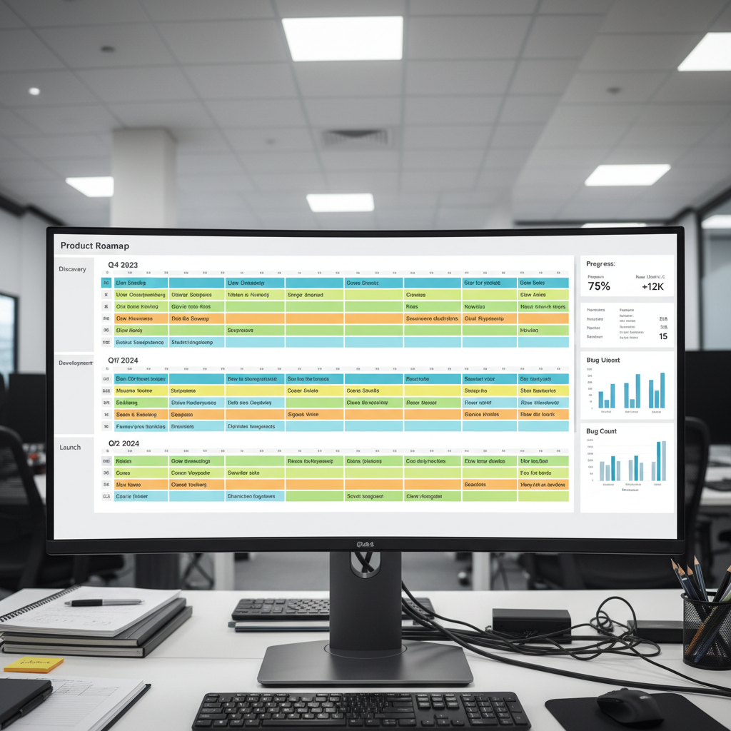 Product roadmap on screen with sticky notes and metrics dashboard