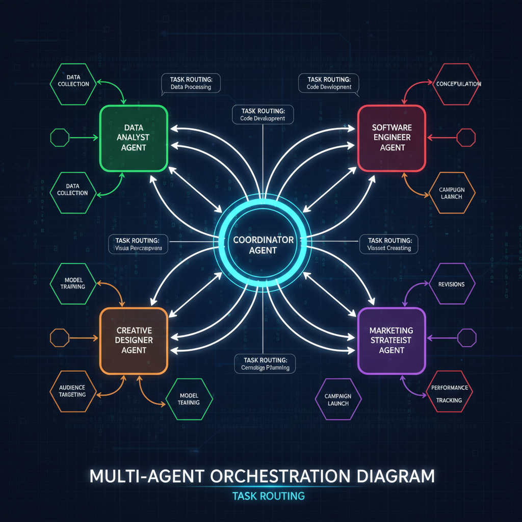 Multi-agent orchestration diagram showing coordinator and specialist agents with task routing