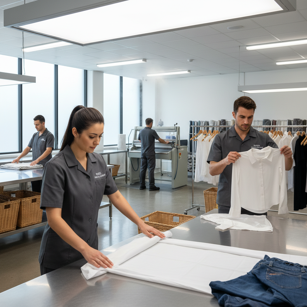 Laundry service worker folding clean clothes neatly in a bright laundry room