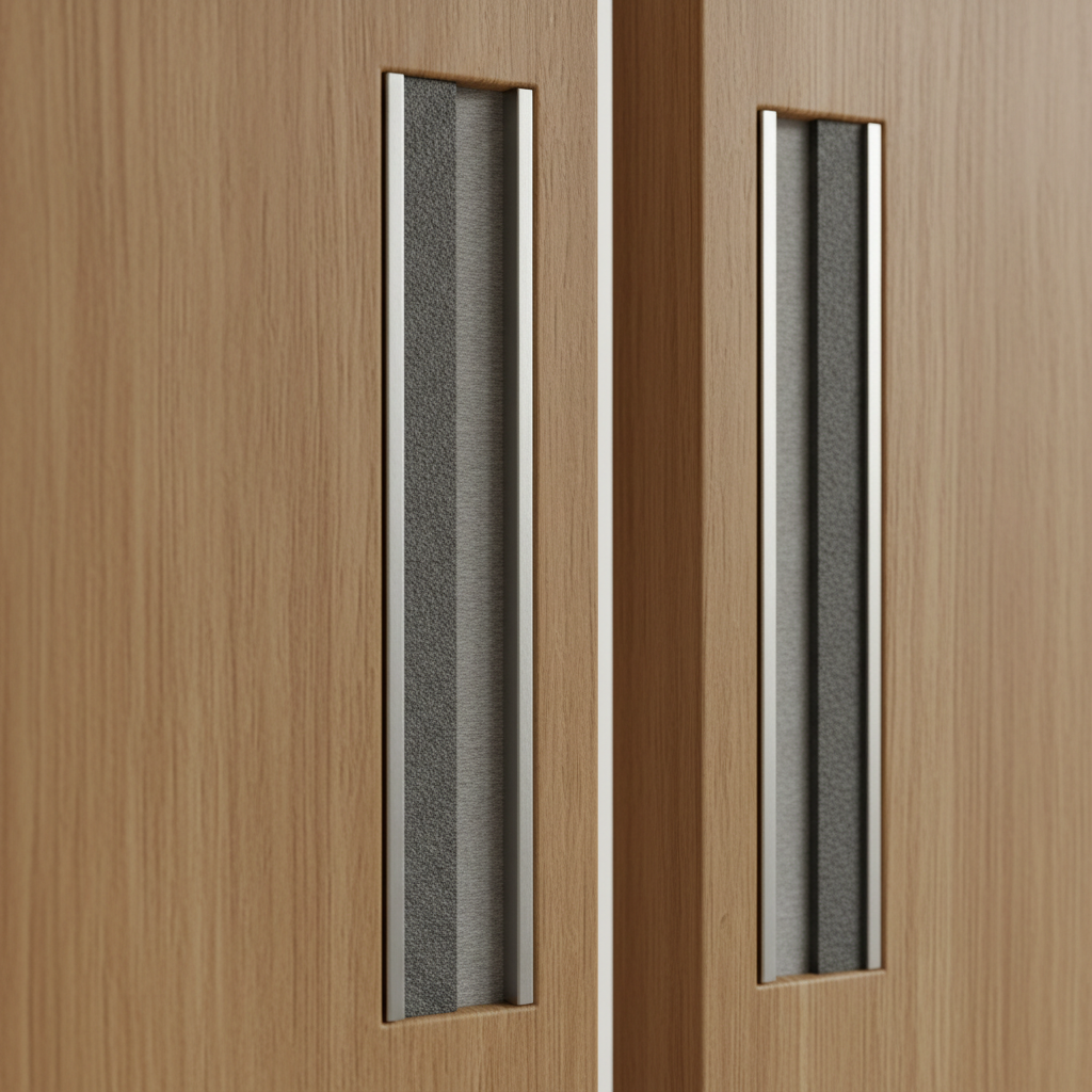 Intumescent strip installed in fire door edge showing aluminum retainer and graphite compound layers